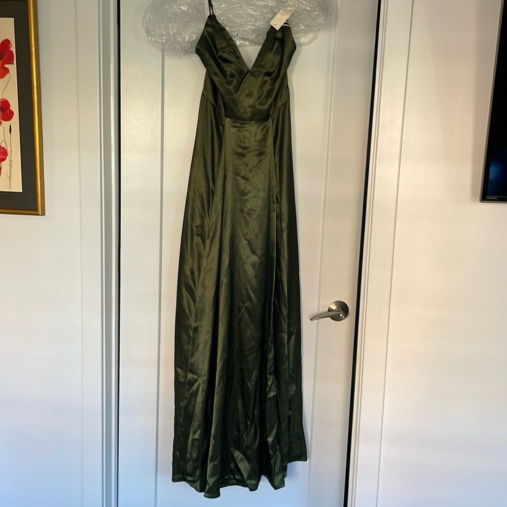 Brand new, never worn olive green bridesmaid dress from David’s Bridal.